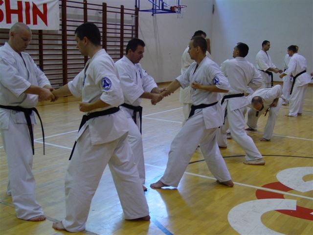 Karatecy ćwiczą w parach techniki obrony
