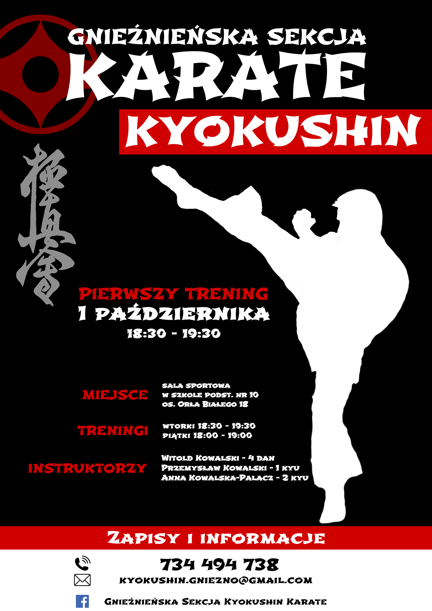 Plakat zapowiadający treningi Gnieźnieńskiej Sekcji Kyokushin Karate